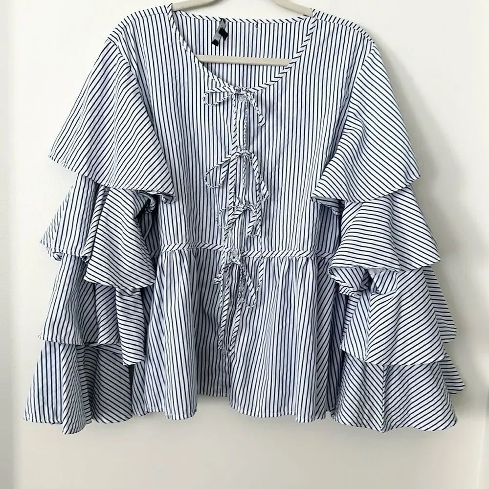 Dice Striped Tiered Sleeve Blouse 2X